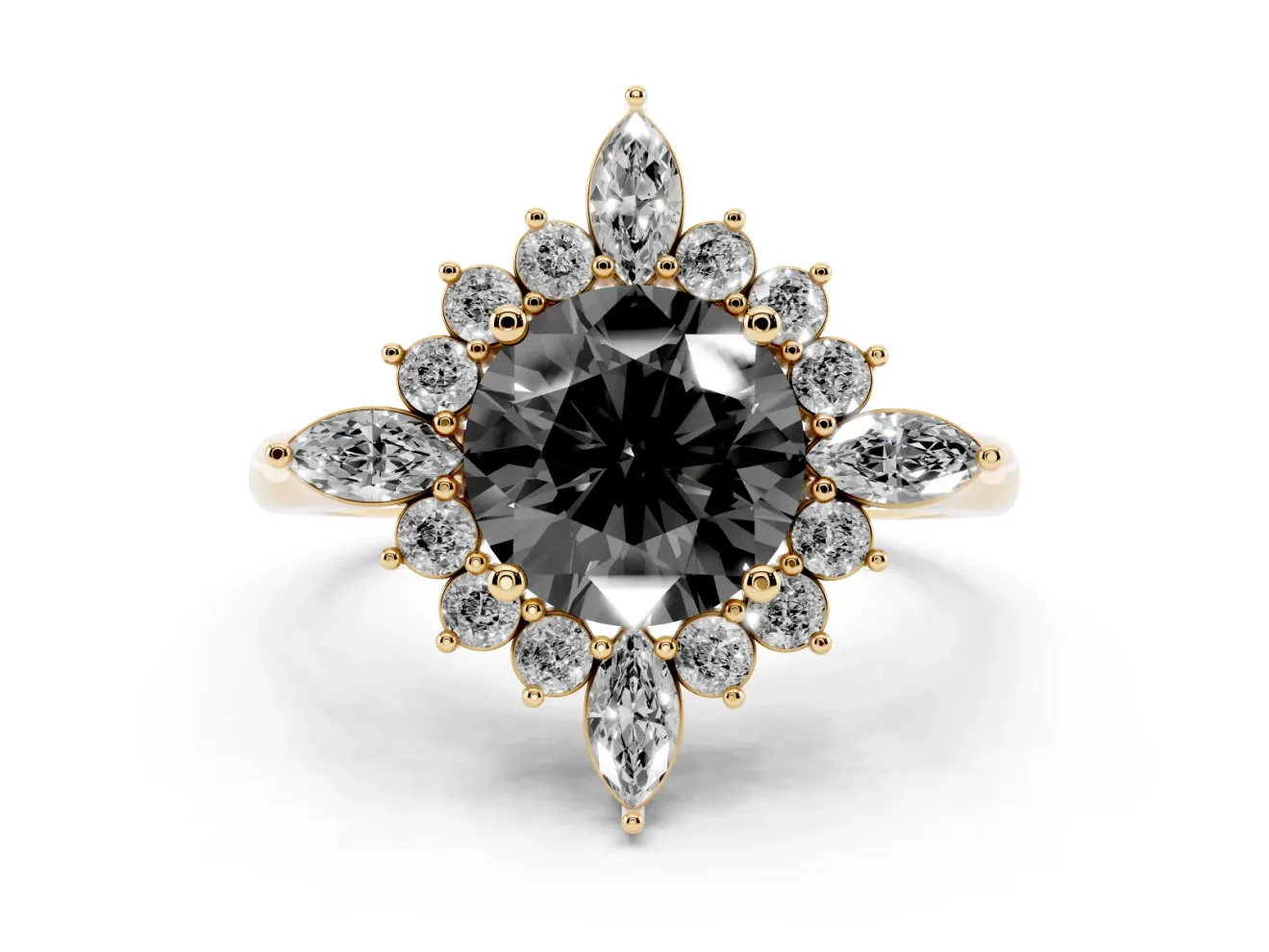 Round Cluster Halo Engagement Ring Setting for a Black Center | Yellow Gold