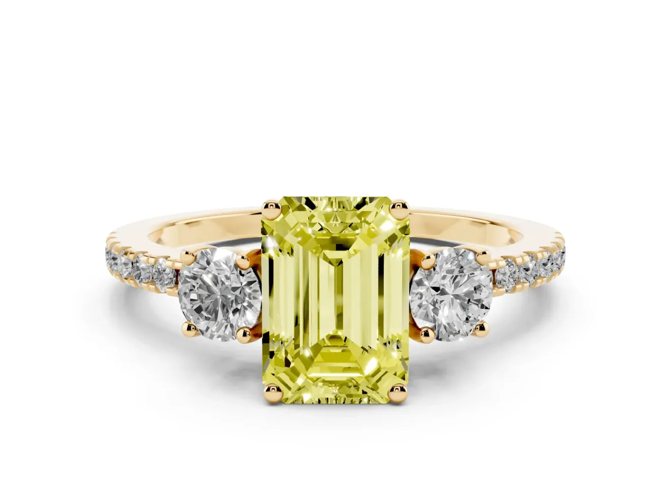 Emerald Cut Three Stone Engagement Ring Setting for a Fancy Yellow Lab-Grown Diamond | Pave Shoulders | Yellow Gold