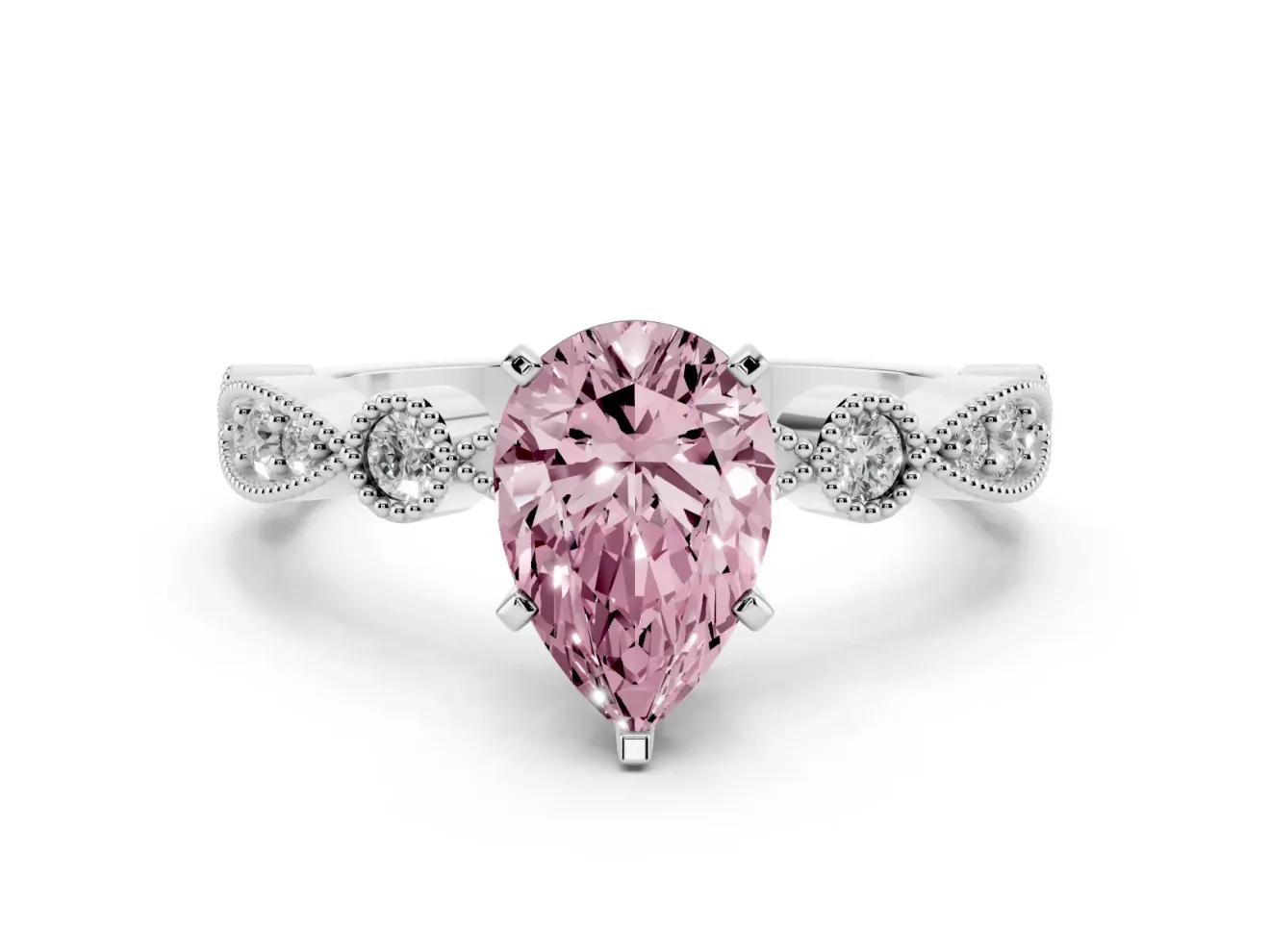 Fancy Pink Pear Cut Diamond Solitaire Engagement Ring Set in Platinum with Milgrain Bezel Accent Band