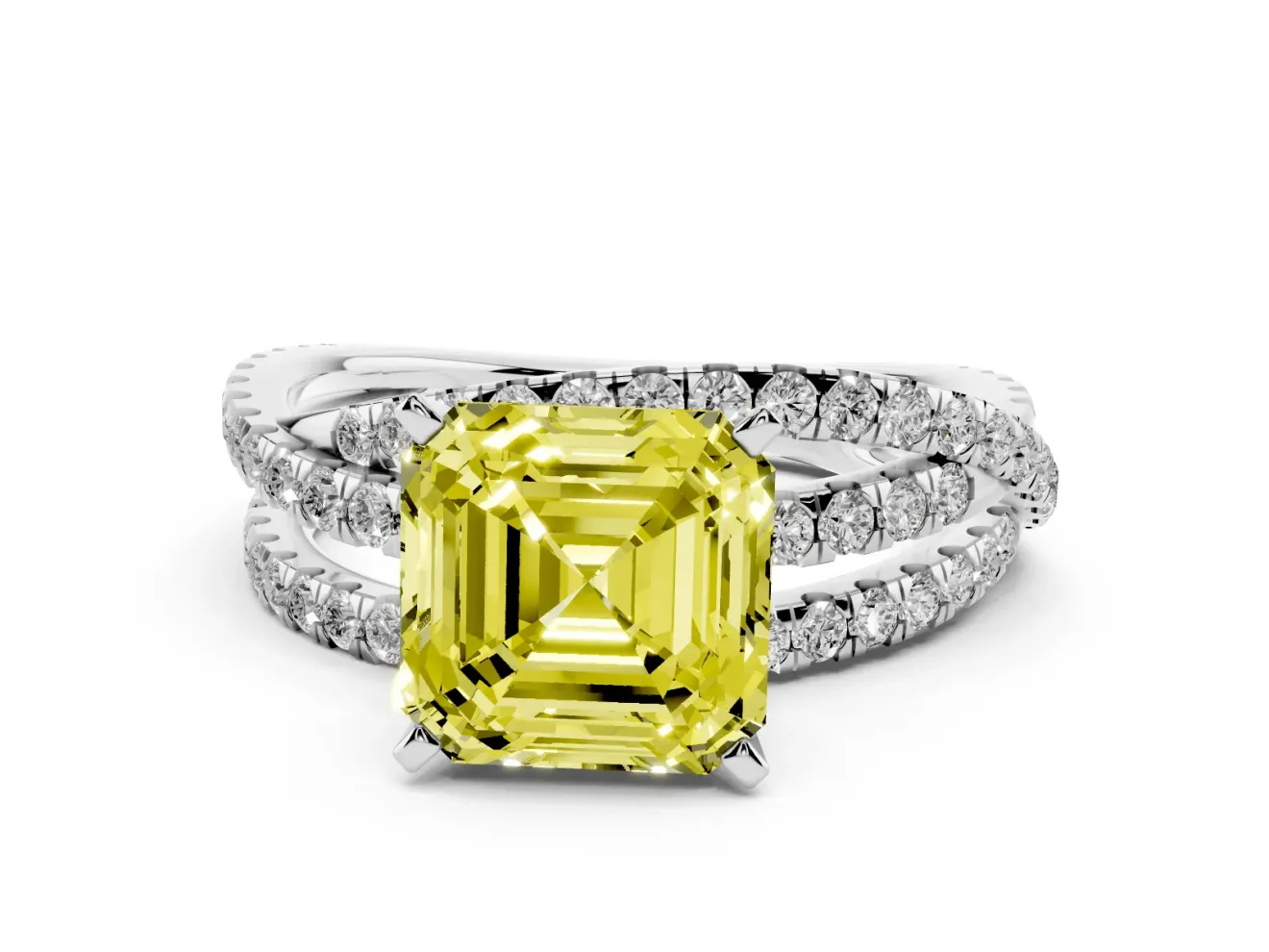Fancy Yellow Asscher Cut Diamond Solitaire Twist Band Ring Set in Silver with Pavé Setting and Prong Head