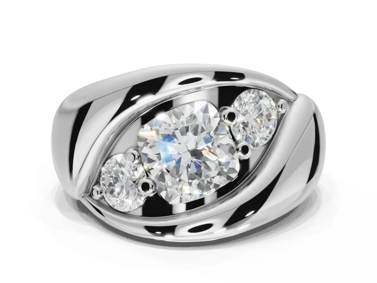 Cushion Cut Three Stone Bypass Engagement Ring Setting | Sculpted Crossover Band | White Gold