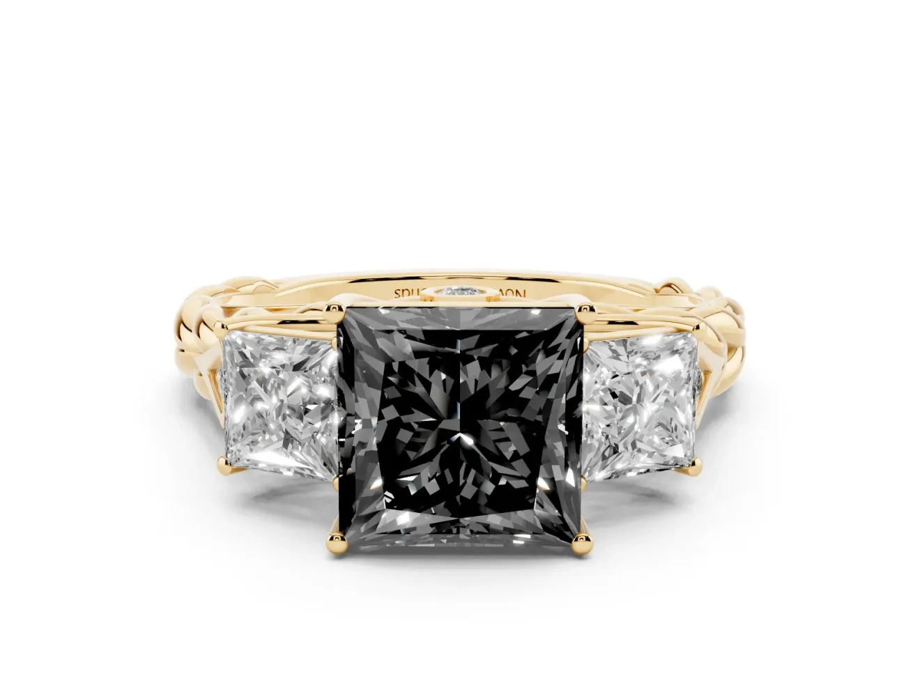 Princess Cut Three Stone Engagement Ring Setting for a Black Center | Braided Band | Yellow Gold