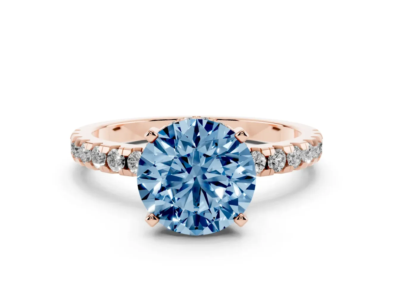 Round Hidden Halo Solitaire Engagement Ring Setting for a Fancy Blue Lab-Grown Diamond | Pave Band | Rose Gold