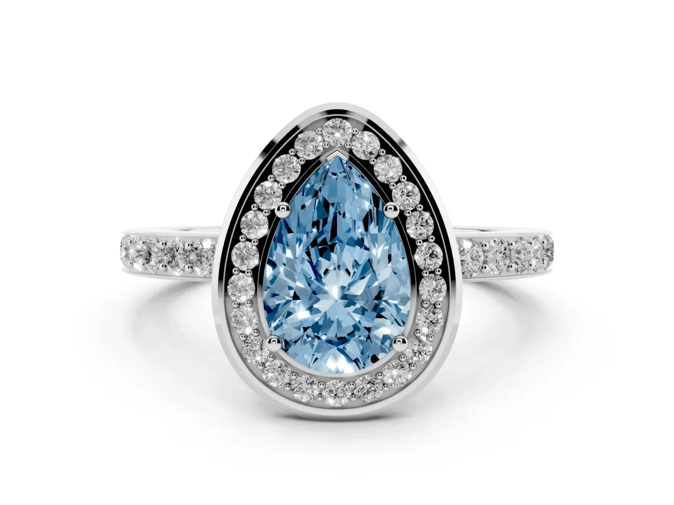 Fancy Blue Pear Cut Diamond Halo Ring Set in Silver with Bezel Frame and Pavé Band