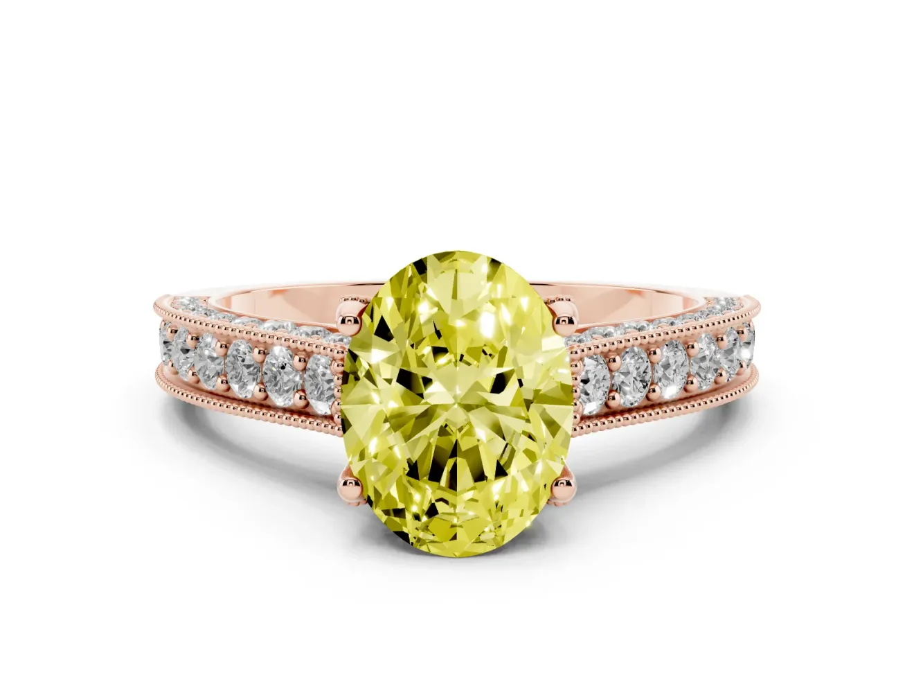 Oval Vintage Hidden Halo Engagement Ring Setting for a Fancy Yellow Lab-Grown Diamond | Milgrain Pave Band | Rose Gold