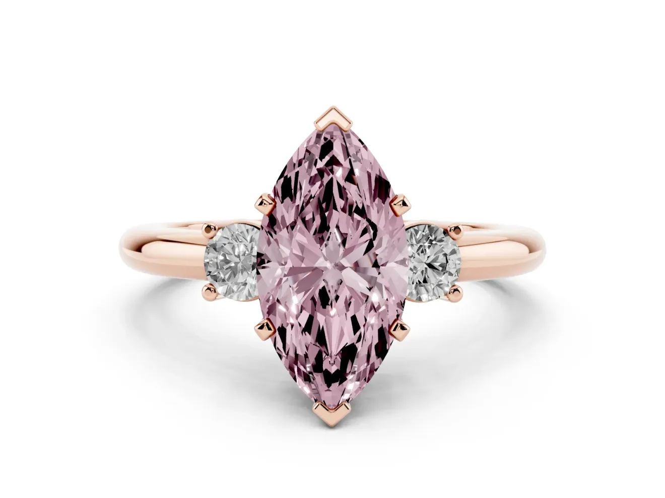 Fancy Pink Three-Stone Marquise Cut Diamond Ring Set in Rose gold with Prong Setting and Plain Band