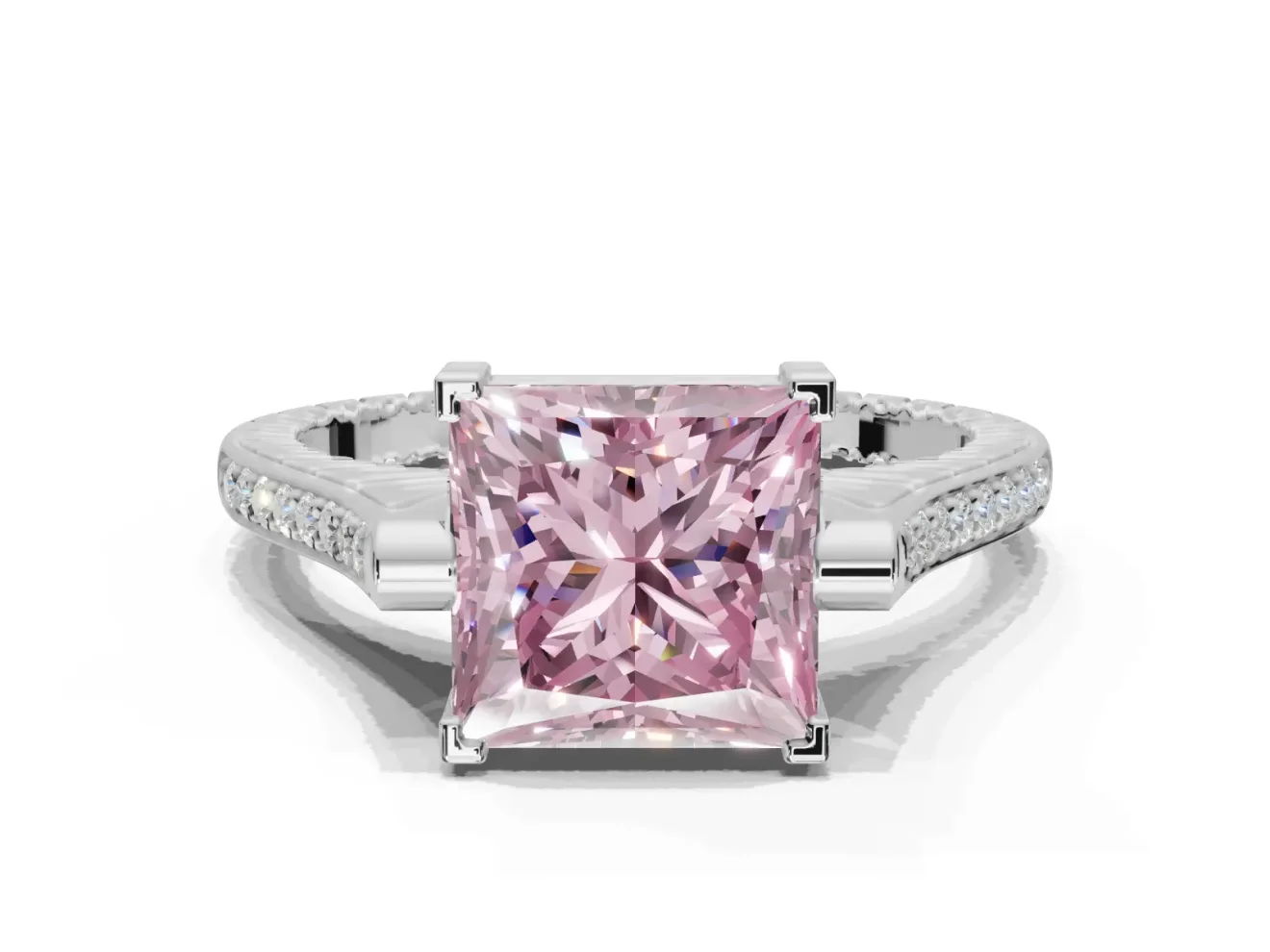Princess Cut Vintage Cathedral Engagement Ring Setting for a Fancy Pink Lab-Grown Diamond | Carved Band | White Gold