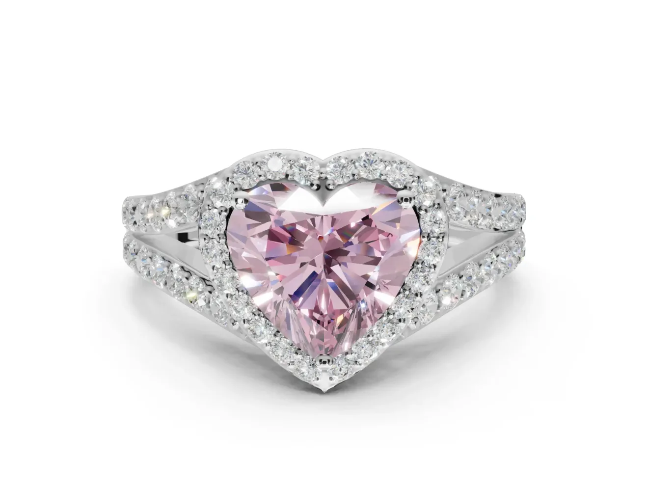 Heart-Shaped Halo Pavé Engagement Ring Setting for a Fancy Pink Lab-Grown Diamond | Narrow Split Shank | Platinum