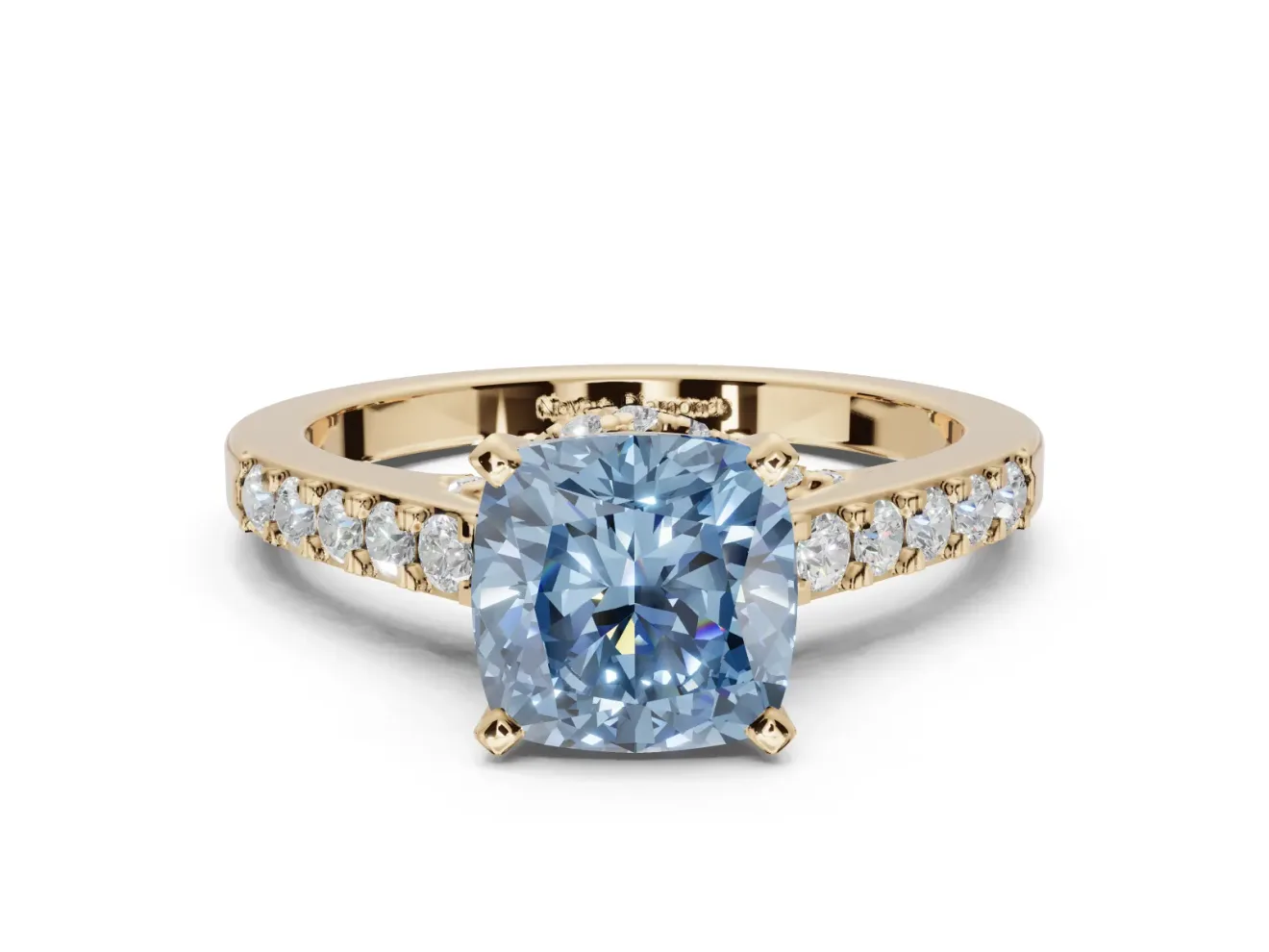 Cushion Cut Pavé Solitaire Engagement Ring Setting for a Fancy Blue Lab-Grown Diamond | Crossover Gallery | Yellow Gold