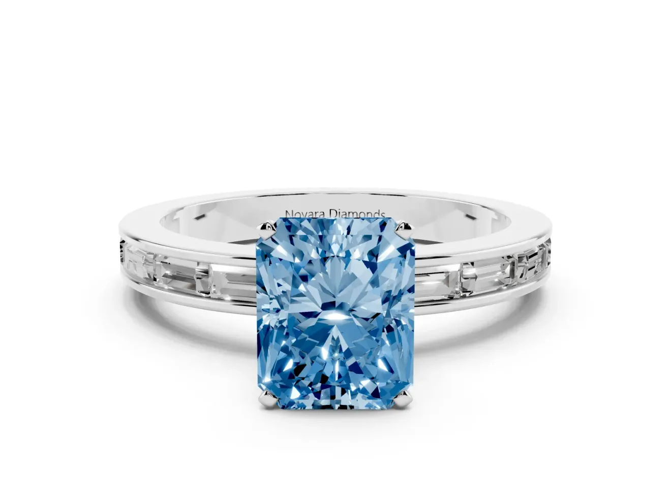Fancy Blue Radiant Cut Diamond Solitaire Ring Set in Silver with Channel-Set Baguette Band and Prong Setting