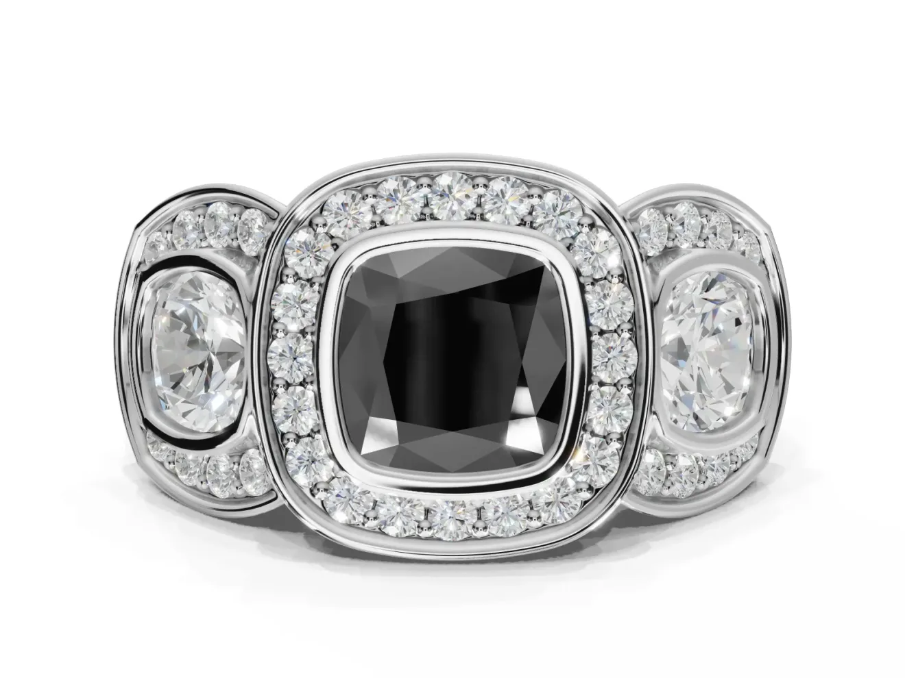 Cushion Cut Three Stone Halo Engagement Ring Setting for a Black Center | Sterling Silver