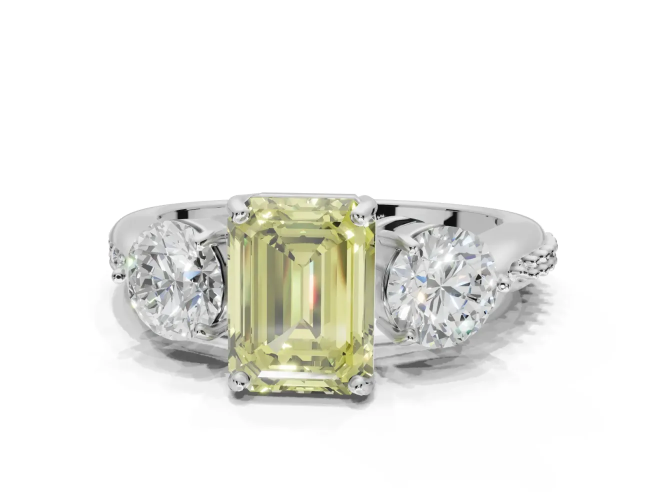 Emerald Cut Three Stone Engagement Ring Setting for a Fancy Yellow Lab-Grown Diamond | Tapered Pave Band | White Gold