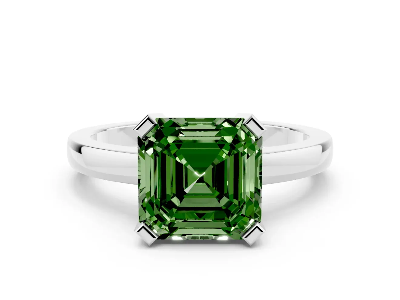 Fancy Green Asscher Cut Diamond Solitaire Ring Set in Platinum with Prong Head and Smooth Polished Band
