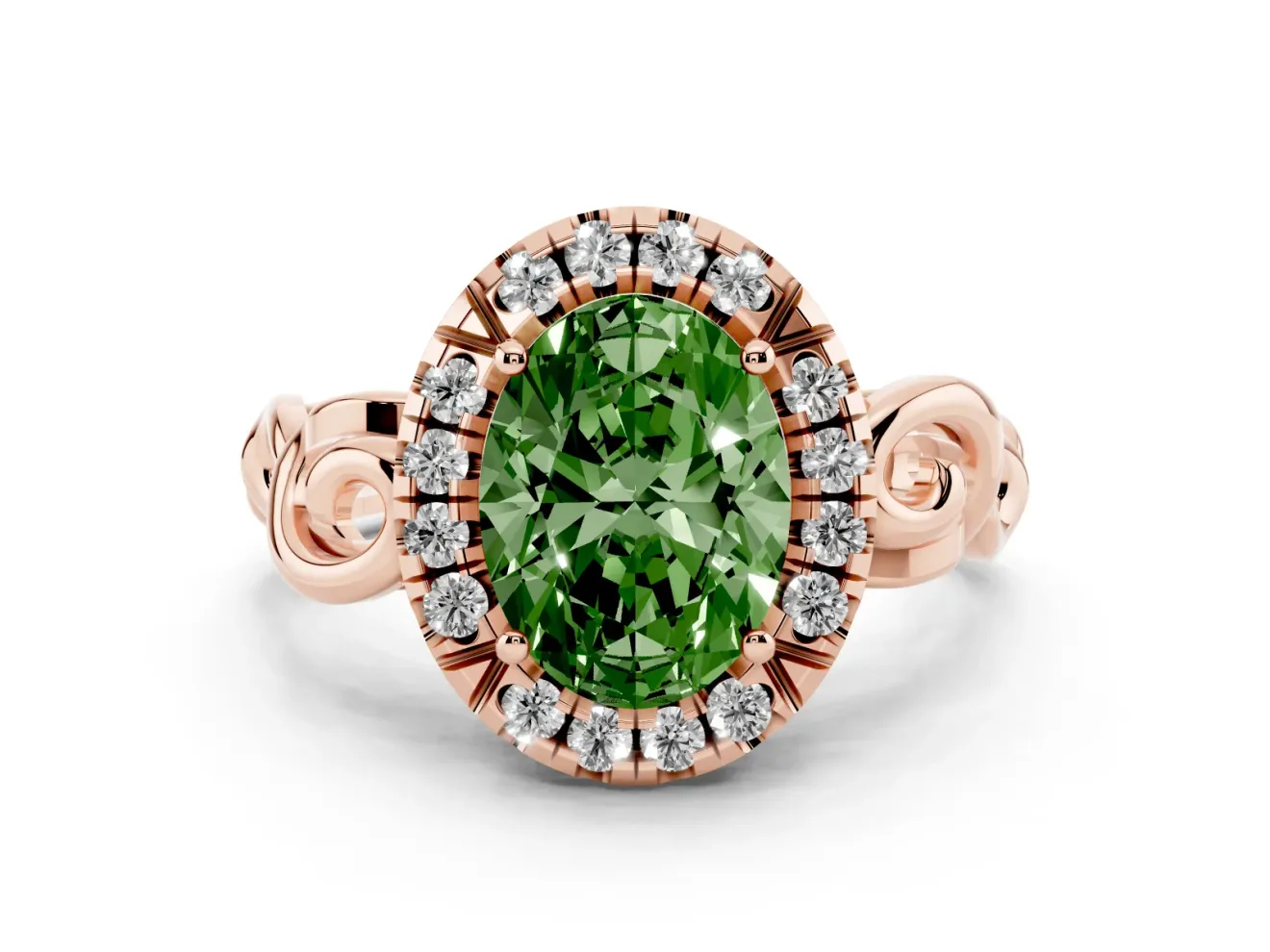 Fancy Green Oval Cut Diamond Halo Ring Set in Rose gold with Scrollwork Band and Prong Setting