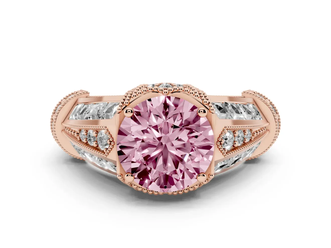 Round Vintage Milgrain Engagement Ring Setting for a Fancy Pink Lab-Grown Diamond | Hidden Halo | Rose Gold