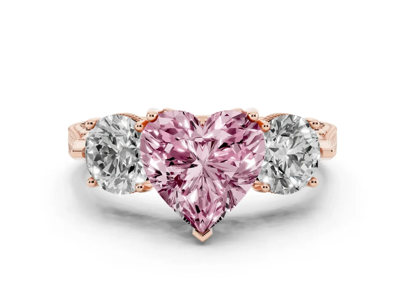 Fancy Pink Heart Cut Diamond Three-Stone Ring Set in Rose gold with Milgrain Band