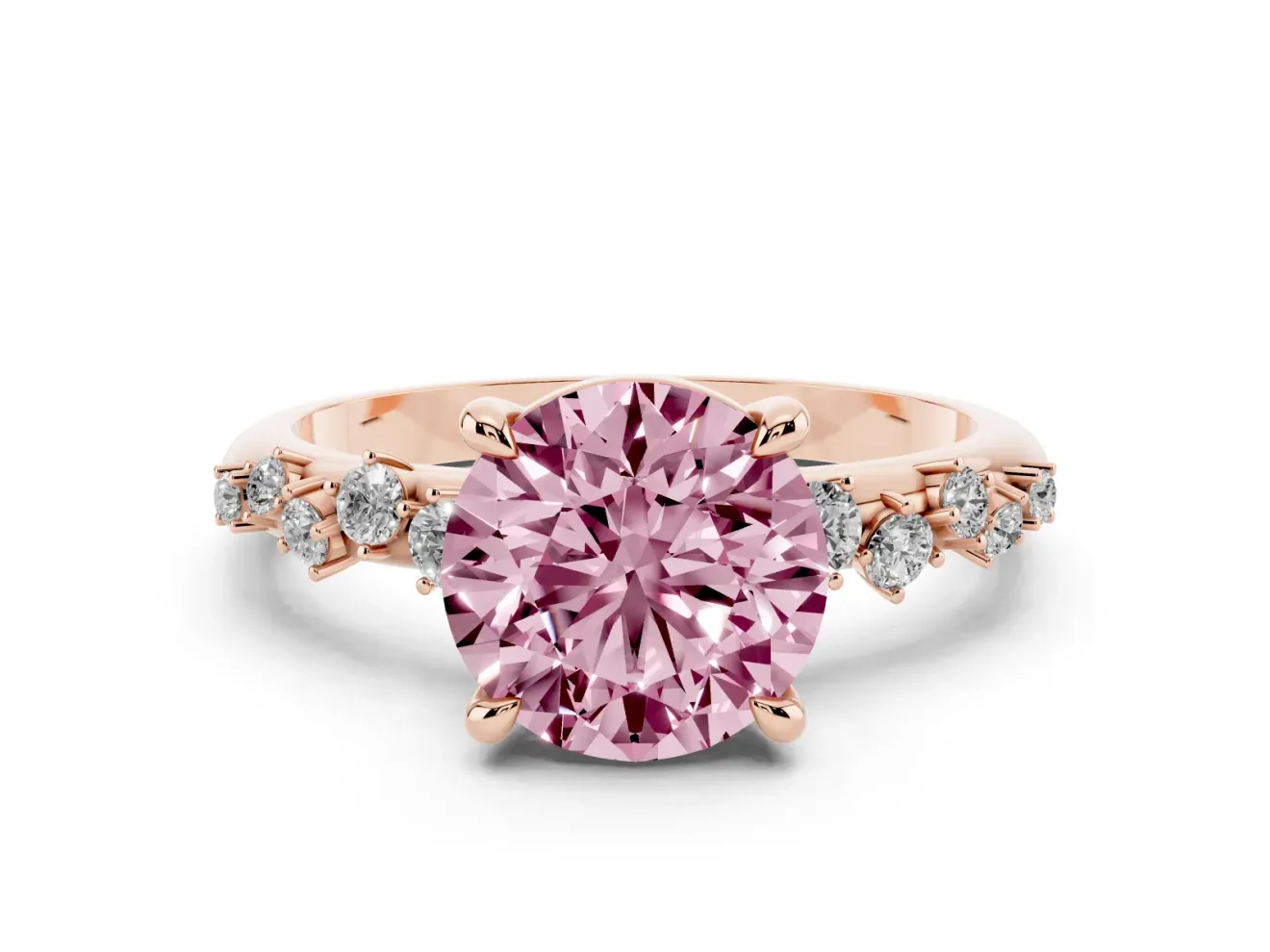 Fancy Pink Round Cut Diamond Solitaire Vine Band Ring Set in Rose gold with Round Accents and Prong Setting