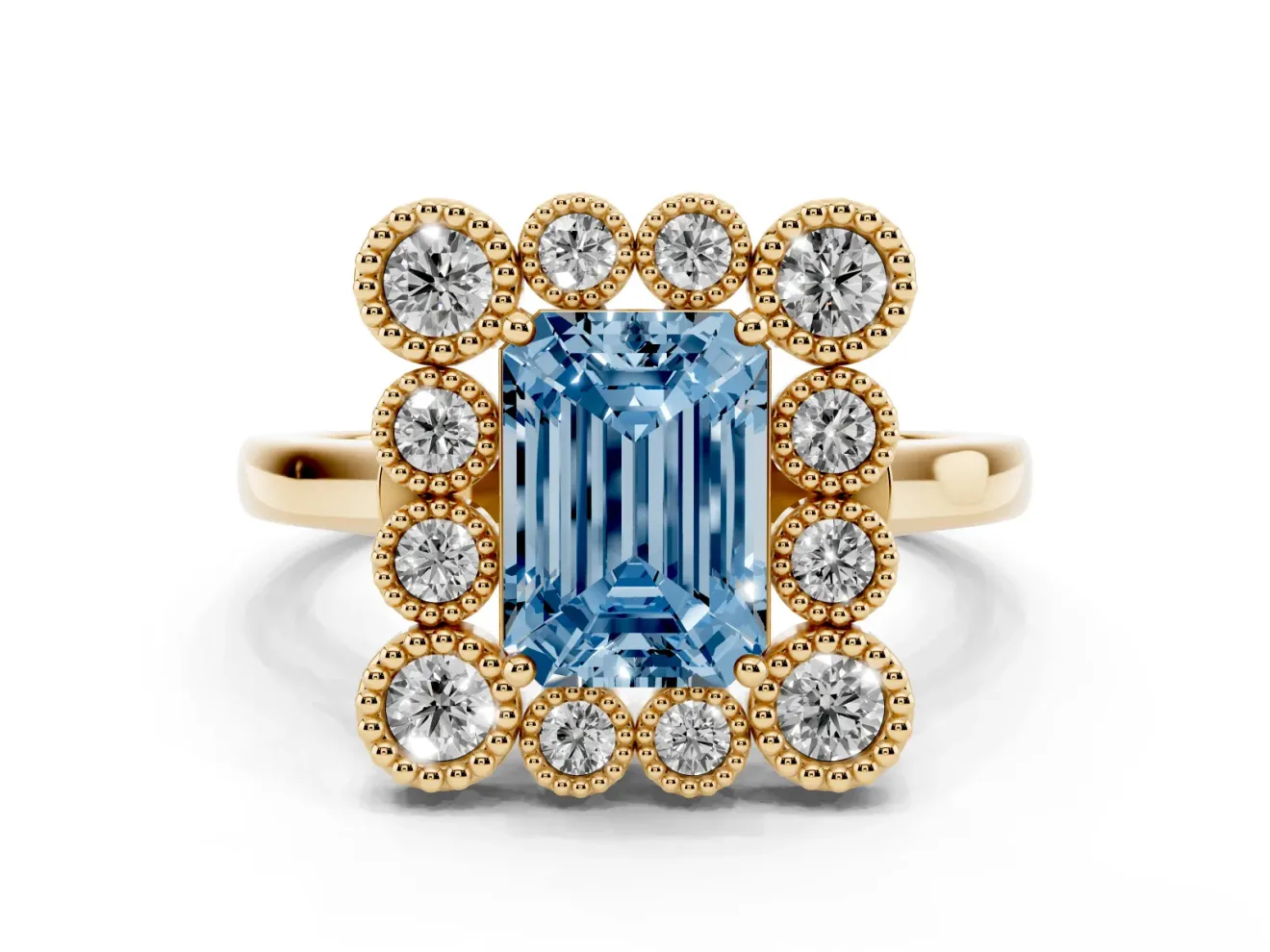 Emerald Cut Milgrain Cluster Halo Engagement Ring Setting for a Fancy Blue Lab-Grown Diamond | Plain Band | Yellow Gold