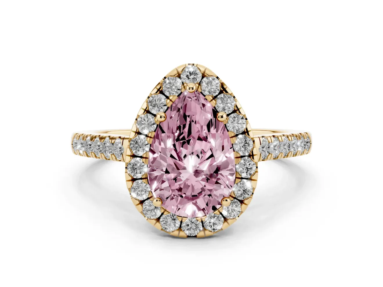 Pear-Shaped Halo Engagement Ring Setting for a Fancy Pink Lab-Grown Diamond | Pave Shoulders | Yellow Gold