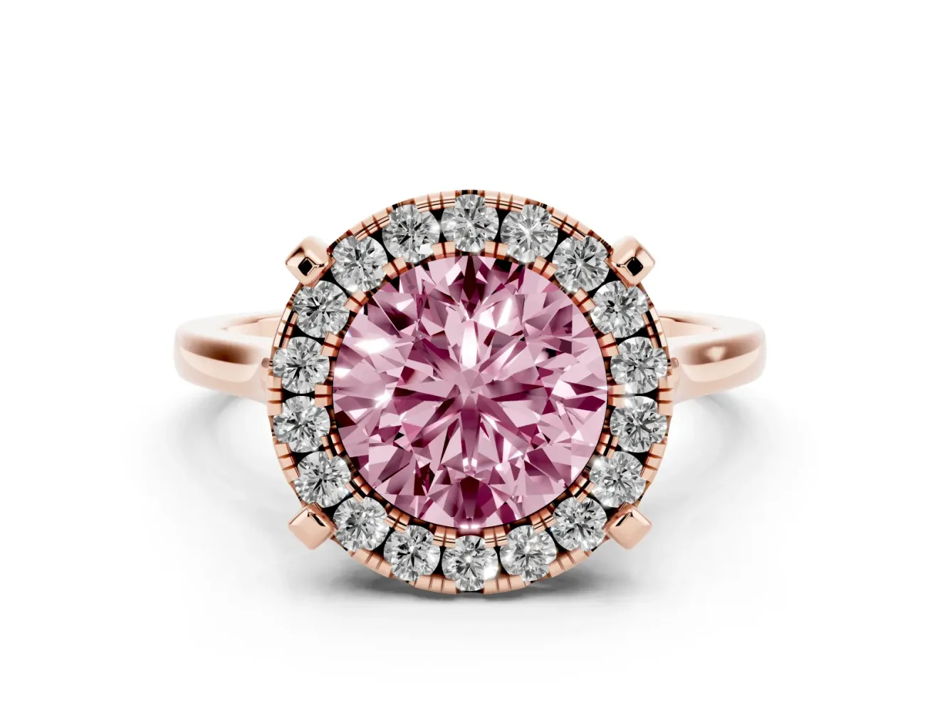 Round Halo Engagement Ring Setting for a Fancy Pink Lab-Grown Diamond | Claw Corners | Rose Gold