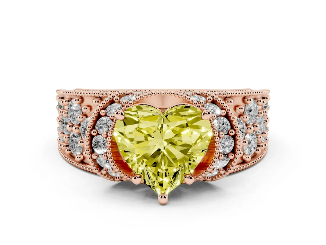 Heart-Shaped Vintage Pave Engagement Ring Setting for a Fancy Yellow Lab-Grown Diamond | Milgrain Edges | Rose Gold
