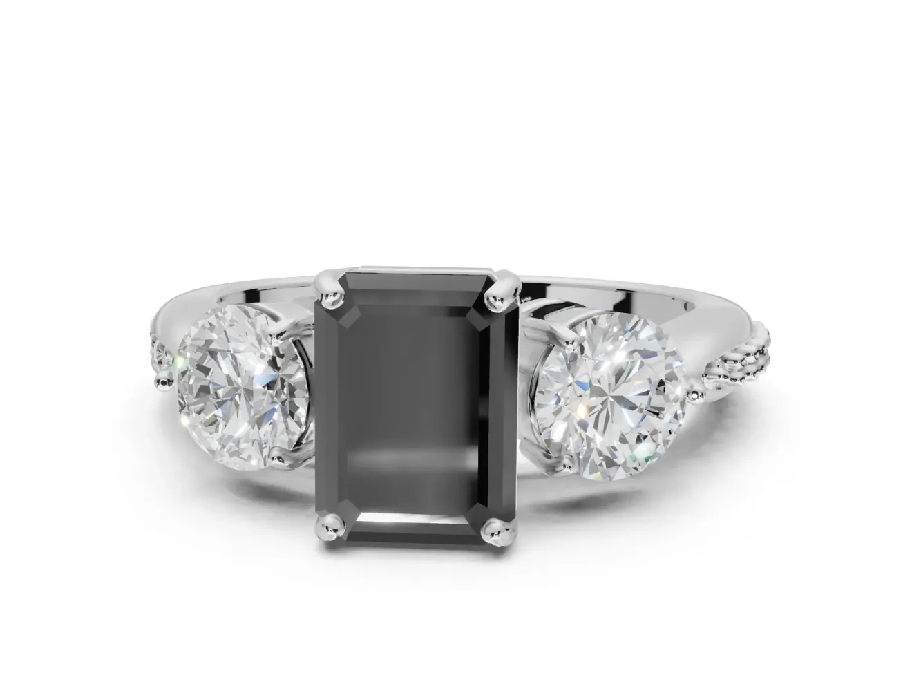 Fancy Black Emerald Cut Lab-Grown Diamond Three-Stone Ring Set in Sterling Silver with Channel-Set Band and Prong Setting