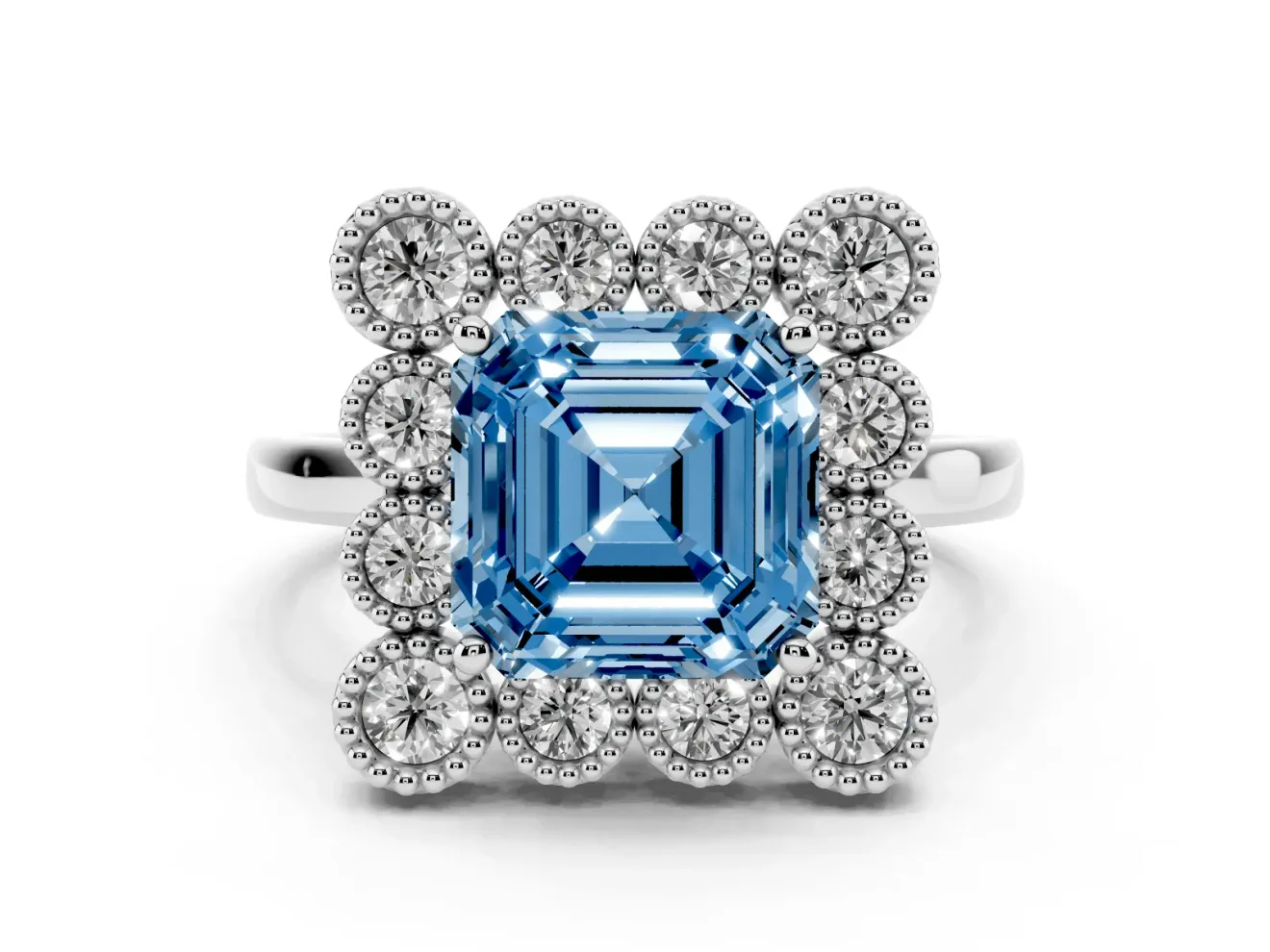 Asscher Cut Milgrain Cluster Halo Engagement Ring Setting for a Fancy Blue Lab-Grown Diamond | Plain Band | Platinum