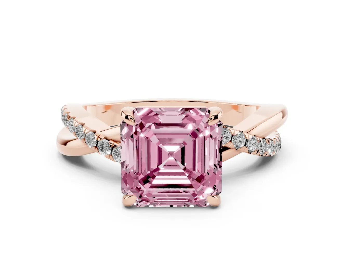 Fancy Pink Asscher Cut Diamond Twist Band Solitaire Set in Rose gold with Pavé Accents and Prong Setting