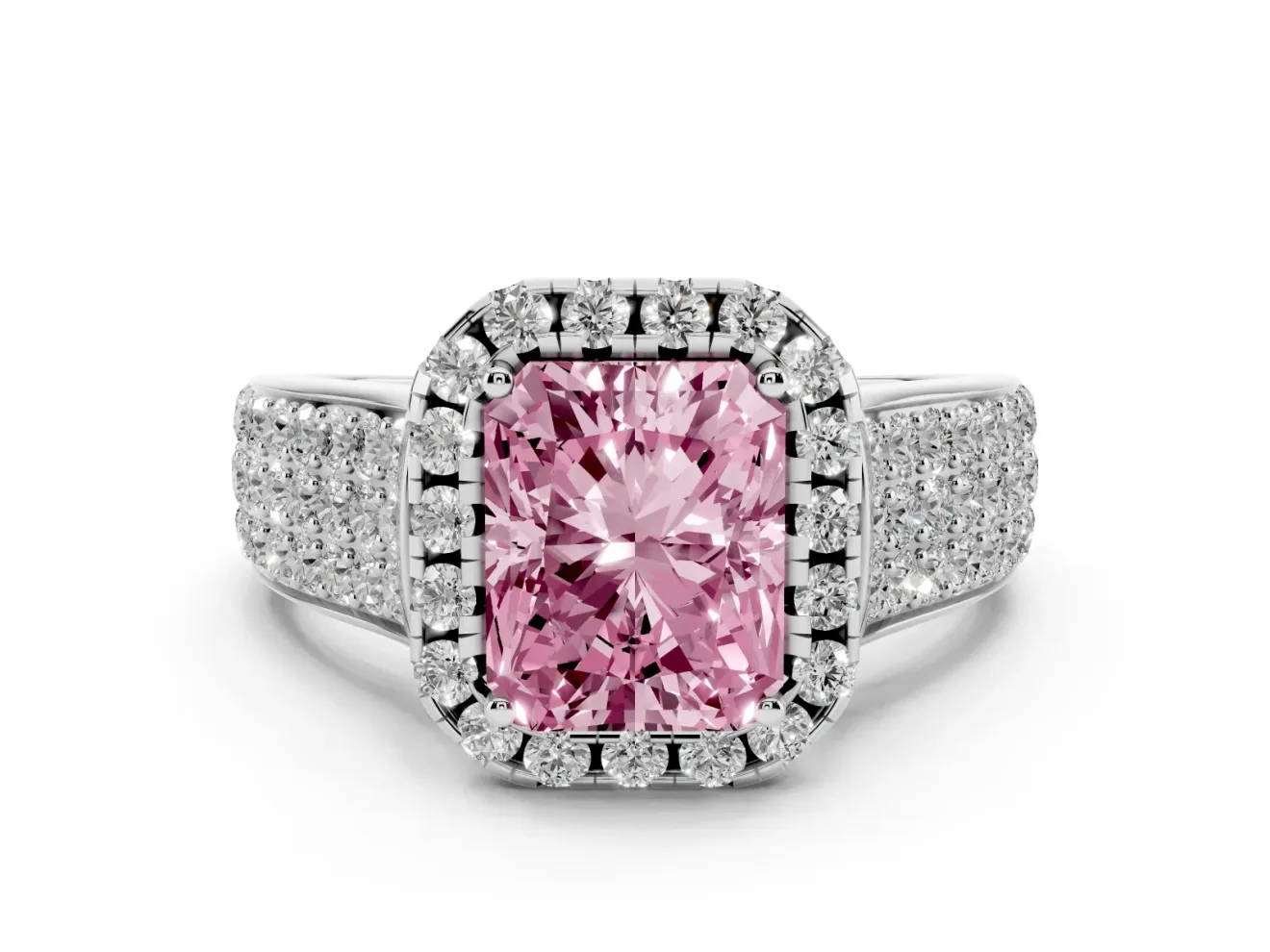 Radiant Cut Pavé Engagement Ring Setting for a Fancy Pink Lab-Grown Diamond | Wide Three-Row Band | White Gold
