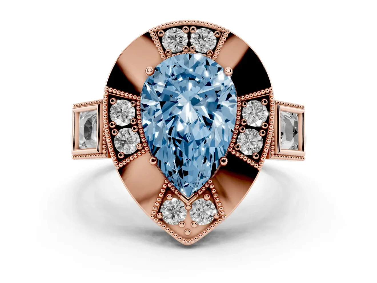 Fancy Blue Pear Cut Diamond Milgrain Halo Ring Set in Rose gold with Split Shank