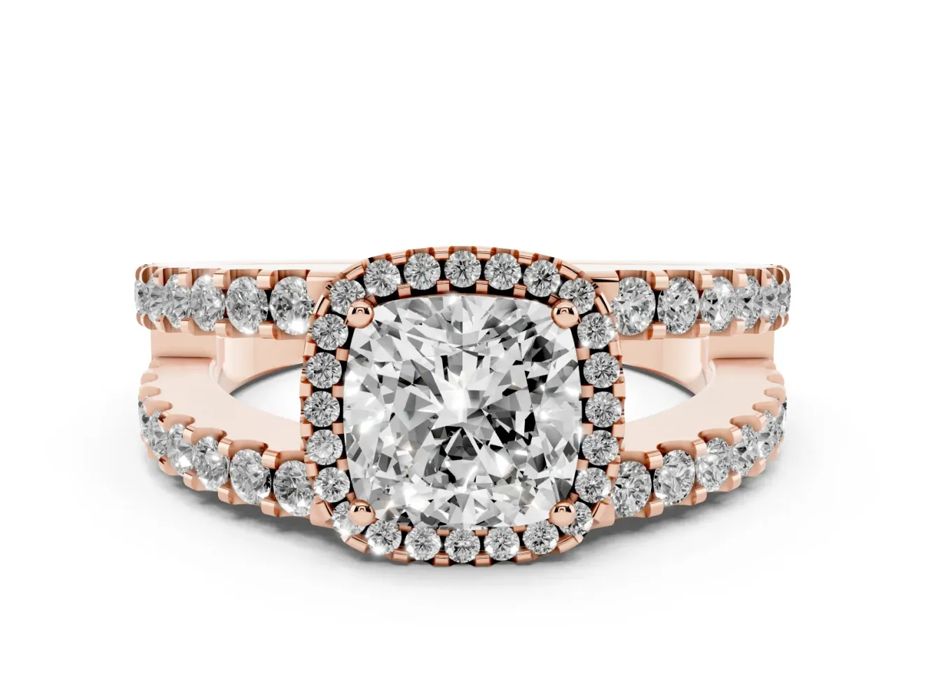 Cushion Cut Diamond Halo Ring Set in Rose gold with Pavé Split Shank and Prong Setting