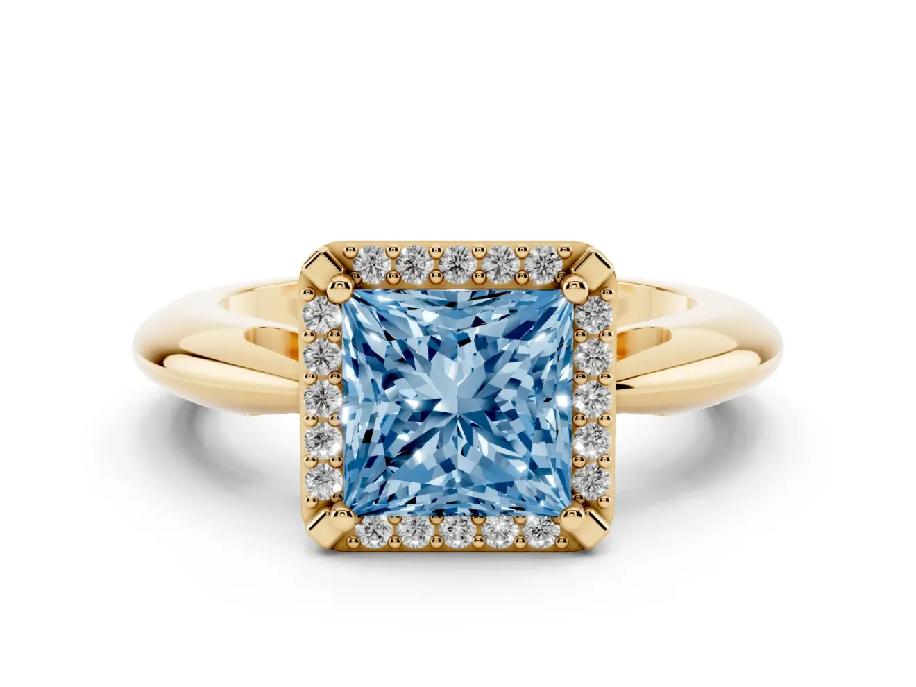 Fancy Blue Princess Cut Diamond Halo Engagement Ring Set in Yellow gold with Plain Split Shank and Prong Setting