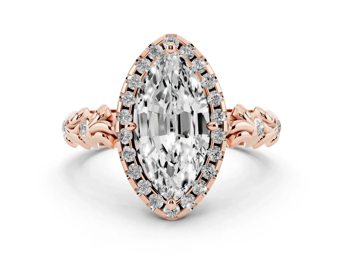 Marquise Filigree Leaf Halo Engagement Ring Setting | Bezel Leaf Accents | Rose Gold