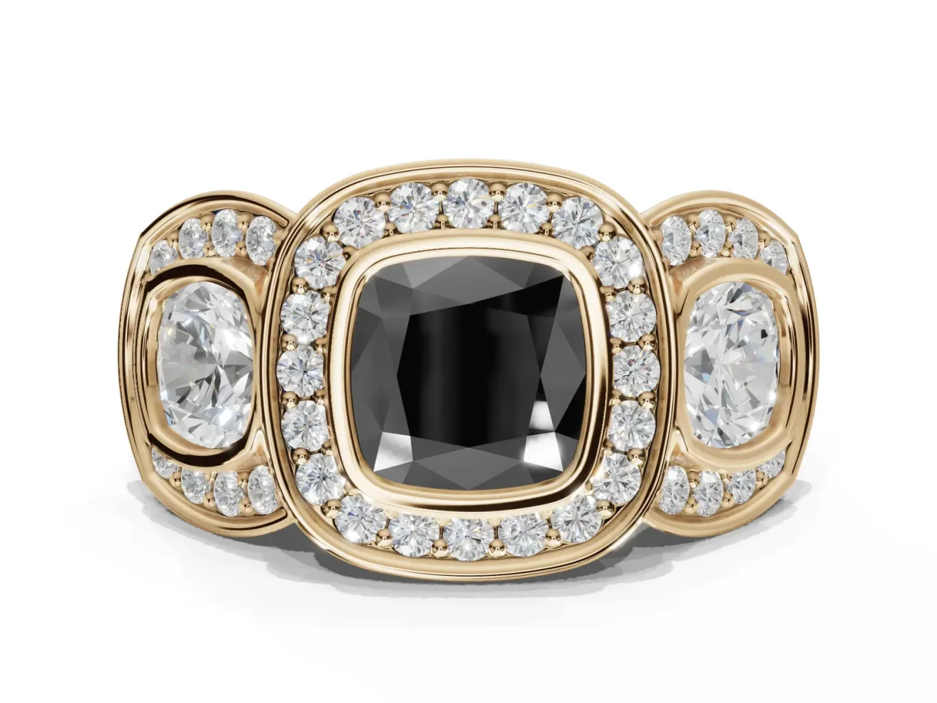 Cushion Cut Three Stone Halo Engagement Ring Setting for a Black Center | Bezel Set | Yellow Gold
