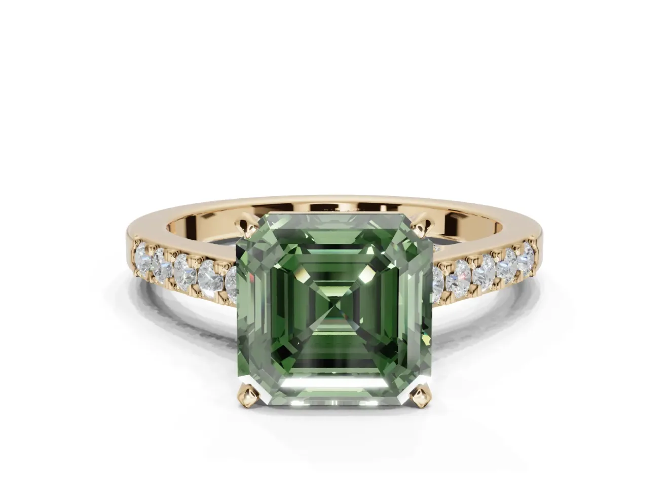 Asscher Cut Pavé Solitaire Engagement Ring Setting for a Fancy Green Lab-Grown Diamond | Crossover Gallery | Yellow Gold