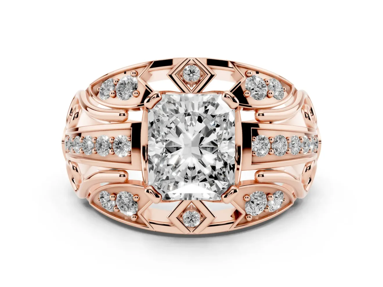 Radiant Cut Art Deco Graduated Pave Engagement Ring Setting | Split Shank | Rose Gold