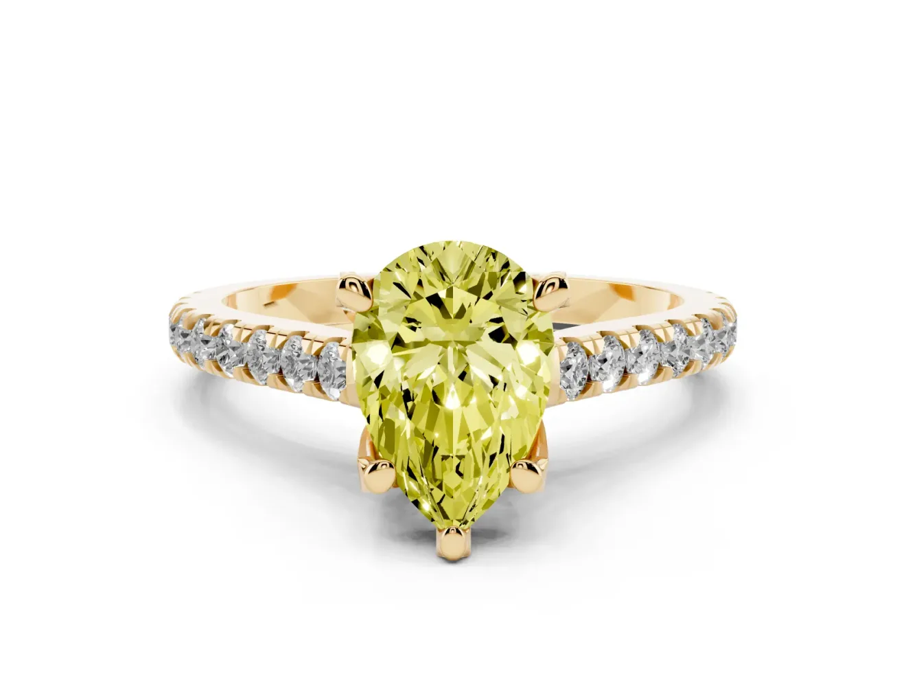 Pear-Shaped Hidden Halo Pave Engagement Ring Setting for a Fancy Yellow Lab-Grown Diamond | Claw Prongs | Yellow Gold
