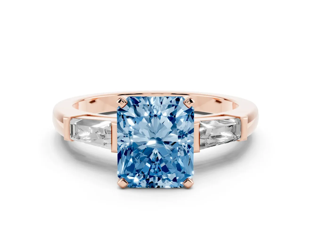 Radiant Cut Three Stone Engagement Ring Setting for a Fancy Blue Lab-Grown Diamond | Tapered Baguettes | Rose Gold