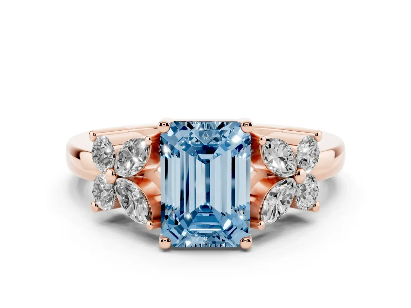 Emerald Cut Floral Side Stone Engagement Ring Setting for a Fancy Blue Lab-Grown Diamond | Rose Gold