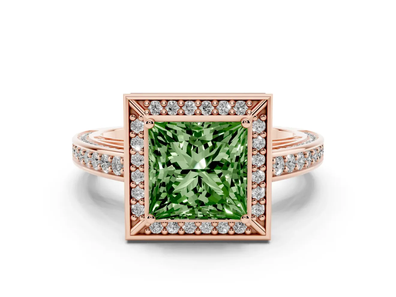 Princess Cut Sectioned Halo Engagement Ring Setting for a Fancy Green Lab-Grown Diamond | Rose Gold