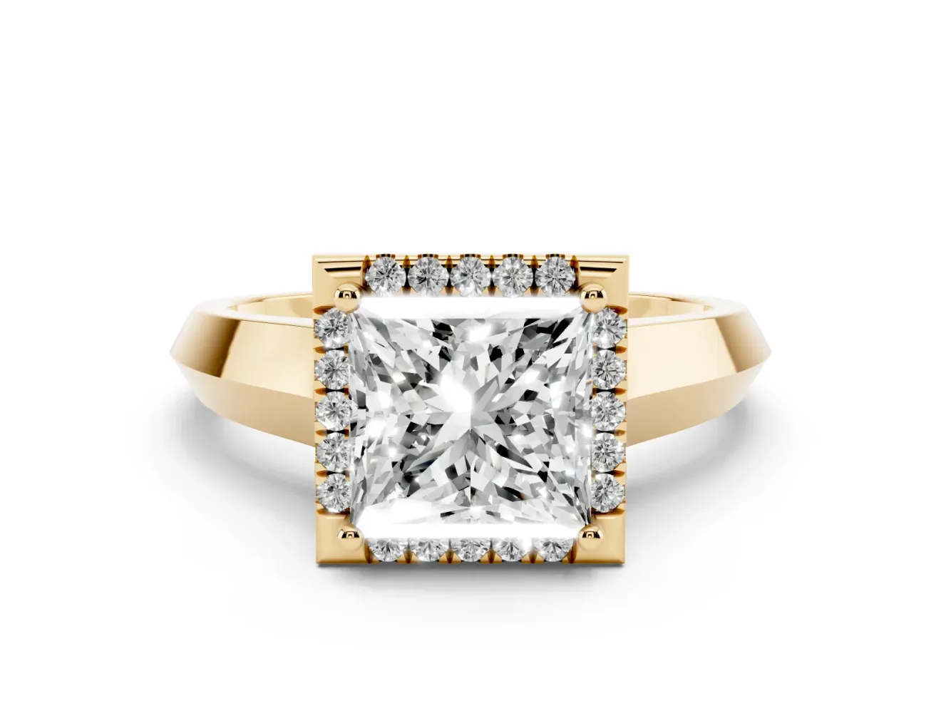 Princess Cut Halo Engagement Ring Setting | Knife-Edge Band | Yellow Gold