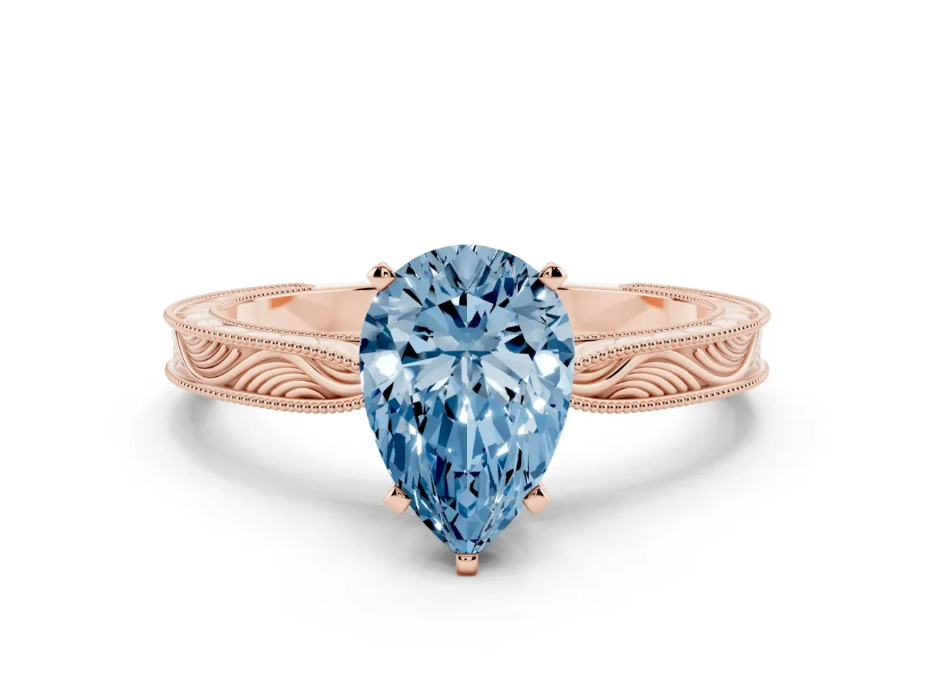 Pear-Shaped Engraved Engagement Ring Setting for a Fancy Blue Lab-Grown Diamond | Rose Gold