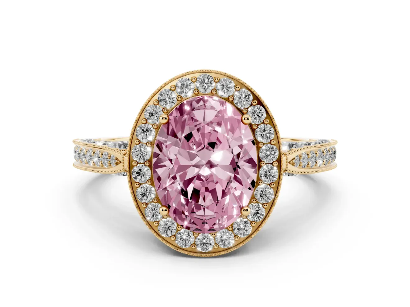 Oval Milgrain Halo Engagement Ring Setting for a Fancy Pink Lab-Grown Diamond | Side Stones | Yellow Gold