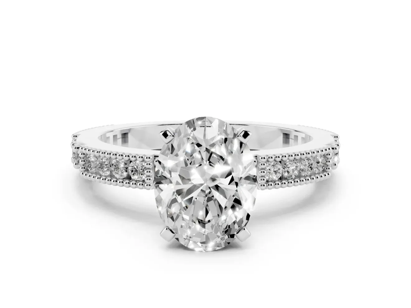 Oval Cut Diamond Solitaire Ring Set in Silver with Slim Pavé Band and Prong Setting