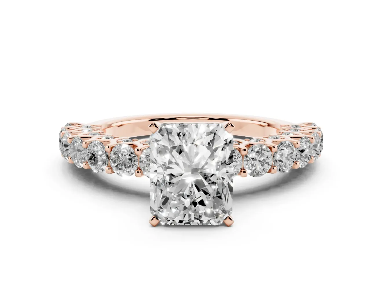 Radiant Cut Shared Prong Engagement Ring Setting | Two-Row Band | Rose Gold