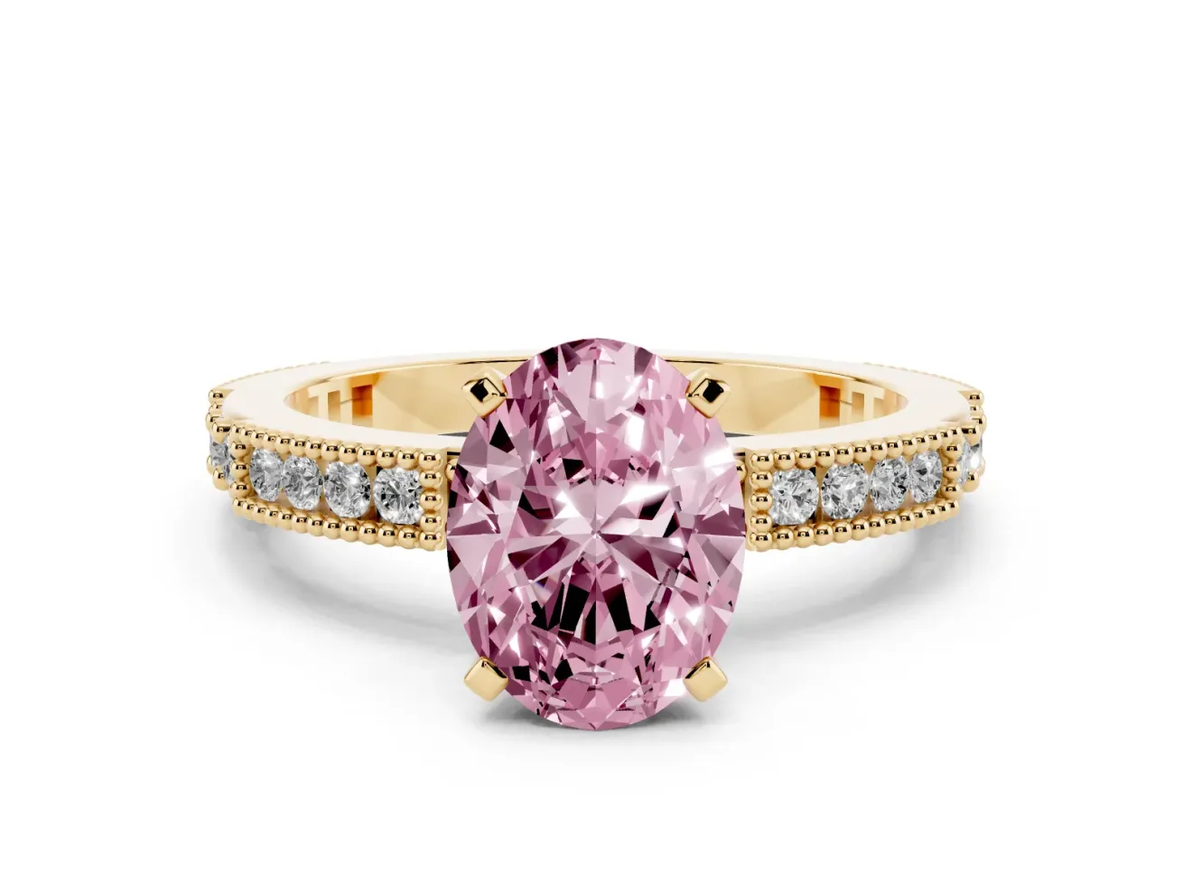 Fancy Pink Oval Cut Diamond Solitaire Ring Set in Yellow gold with Slim Pavé Band and Prong Setting