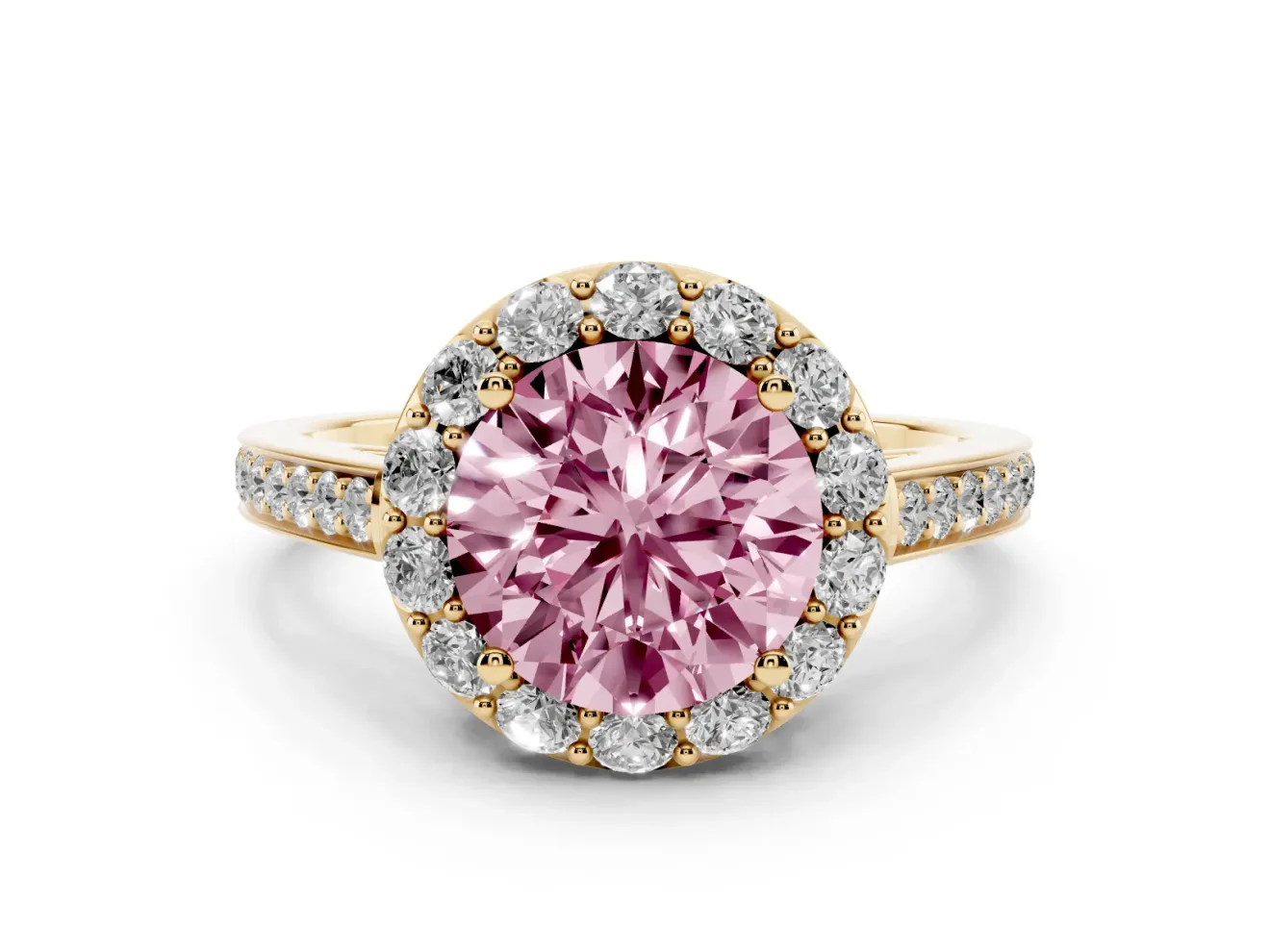Round Floral Halo Engagement Ring Setting for a Fancy Pink Lab-Grown Diamond | Large Round Accents | Yellow Gold