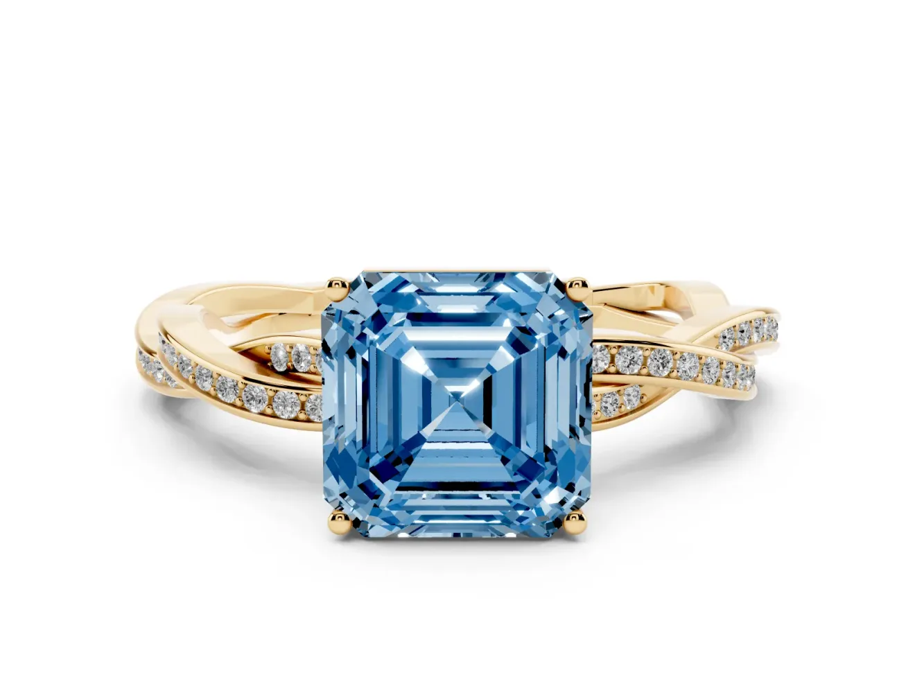 Fancy Blue Asscher Cut Diamond Solitaire Twisted Pavé Ring Set in Yellow gold with Prong Setting