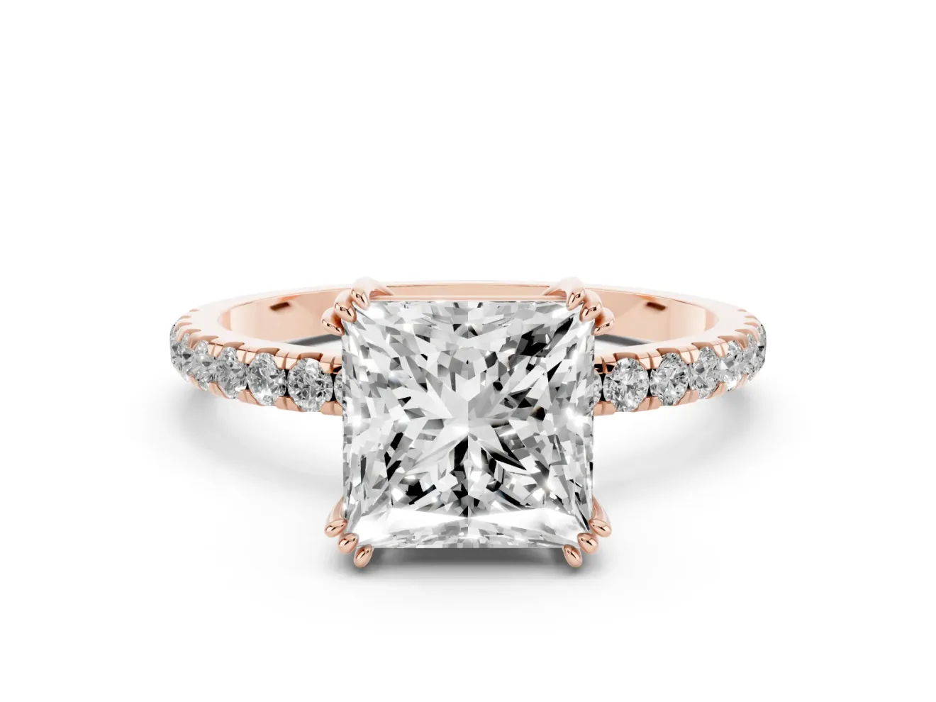 Princess Cut Diamond Brilliant Solitaire Set in Rose gold with Pavé Band and Claw Prong Setting