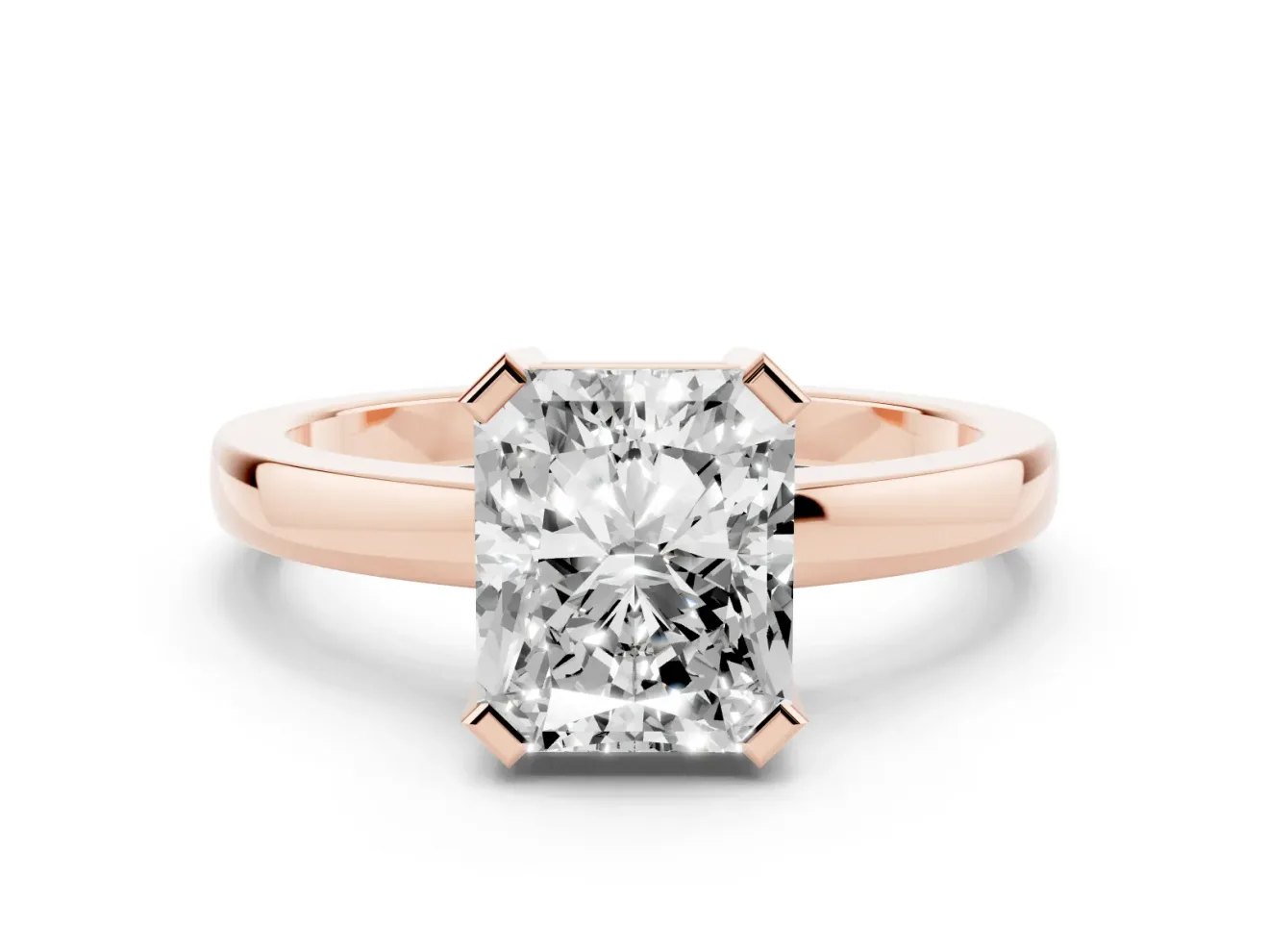 Radiant Cut Diamond Solitaire Ring Set in Rose gold with Prong Head and Smooth Polished Band
